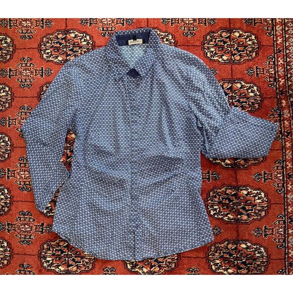 Lafayette 148 Size 8 Blue/White Mini Print Button Front Blouse Ruched Sides FS - Picture 5 of 10